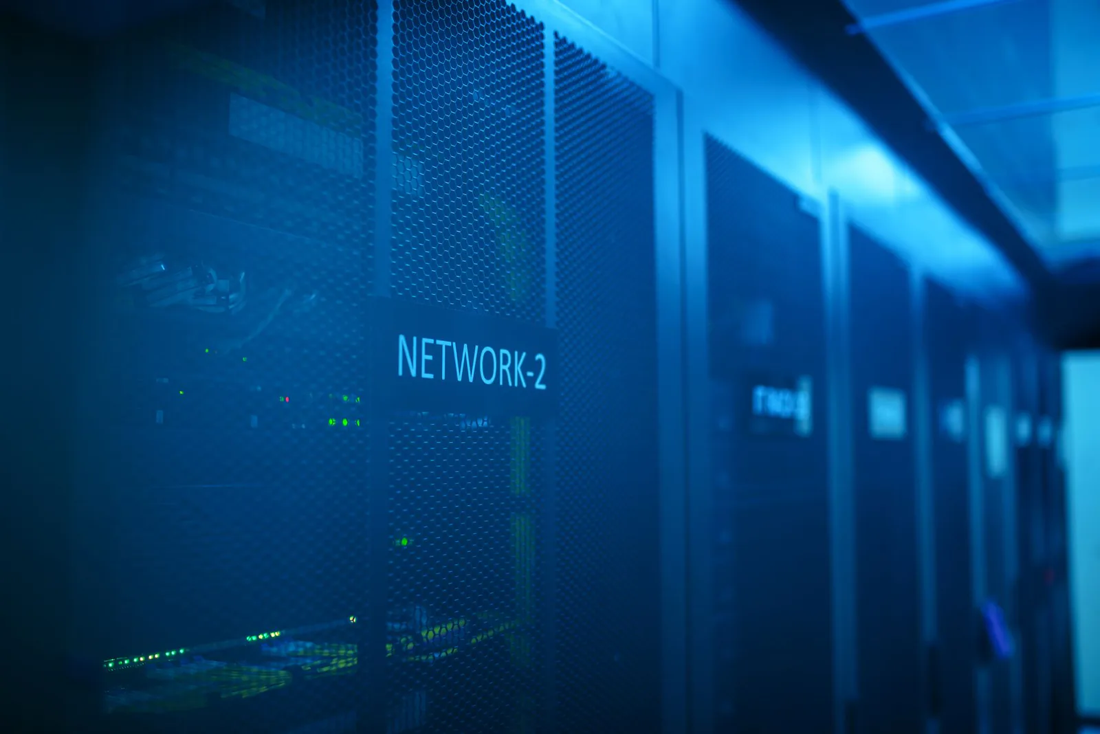 Network technology data center with blue lighting
